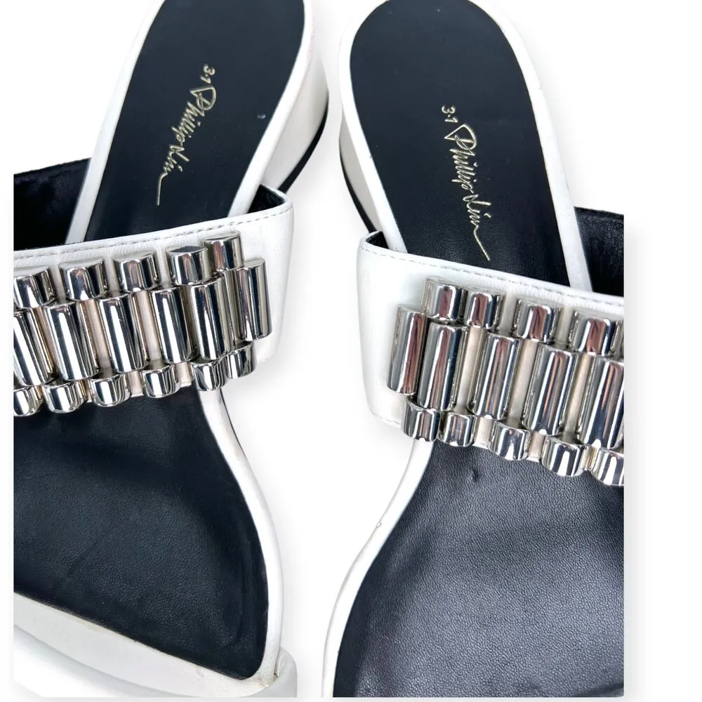 3.1 Phillip Lim  | 39.5 / 9 | Leather Drum Silver Watch Chain Block Heel Sandal - Image 4
