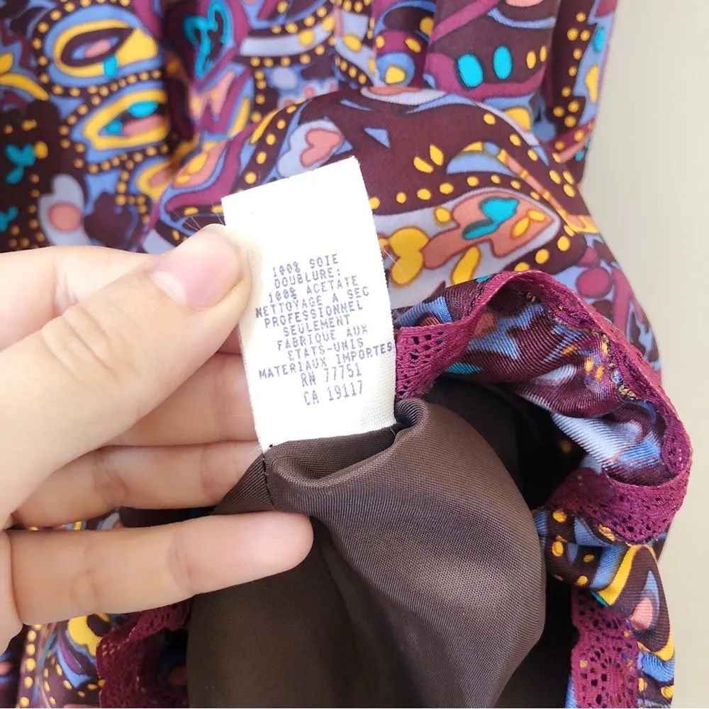 Betsey Johnson • vintage silk dress paisley midi retro 70s colorful lace peasant - Image 8