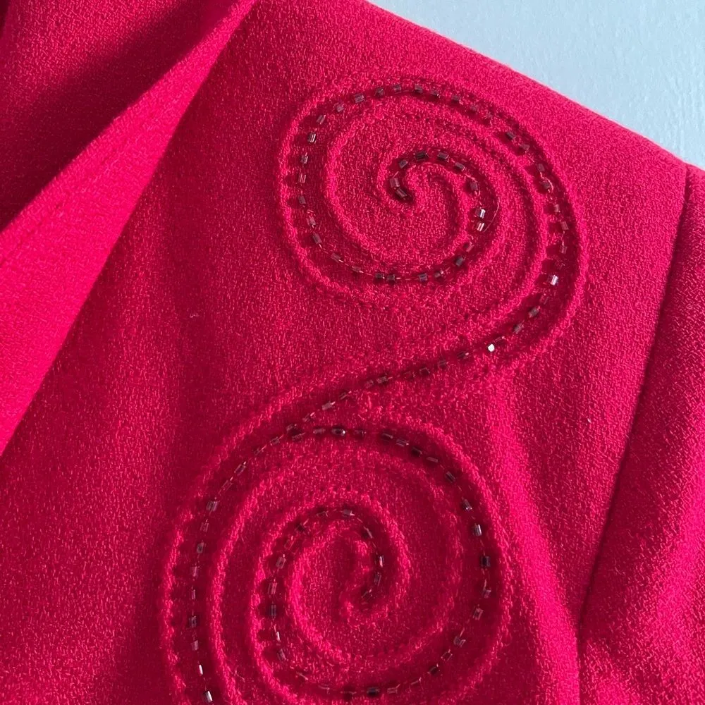 Vintage Nolan Miller Red Wool Beaded Blazer Jacket Women’s Small Medium 80s - Image 6