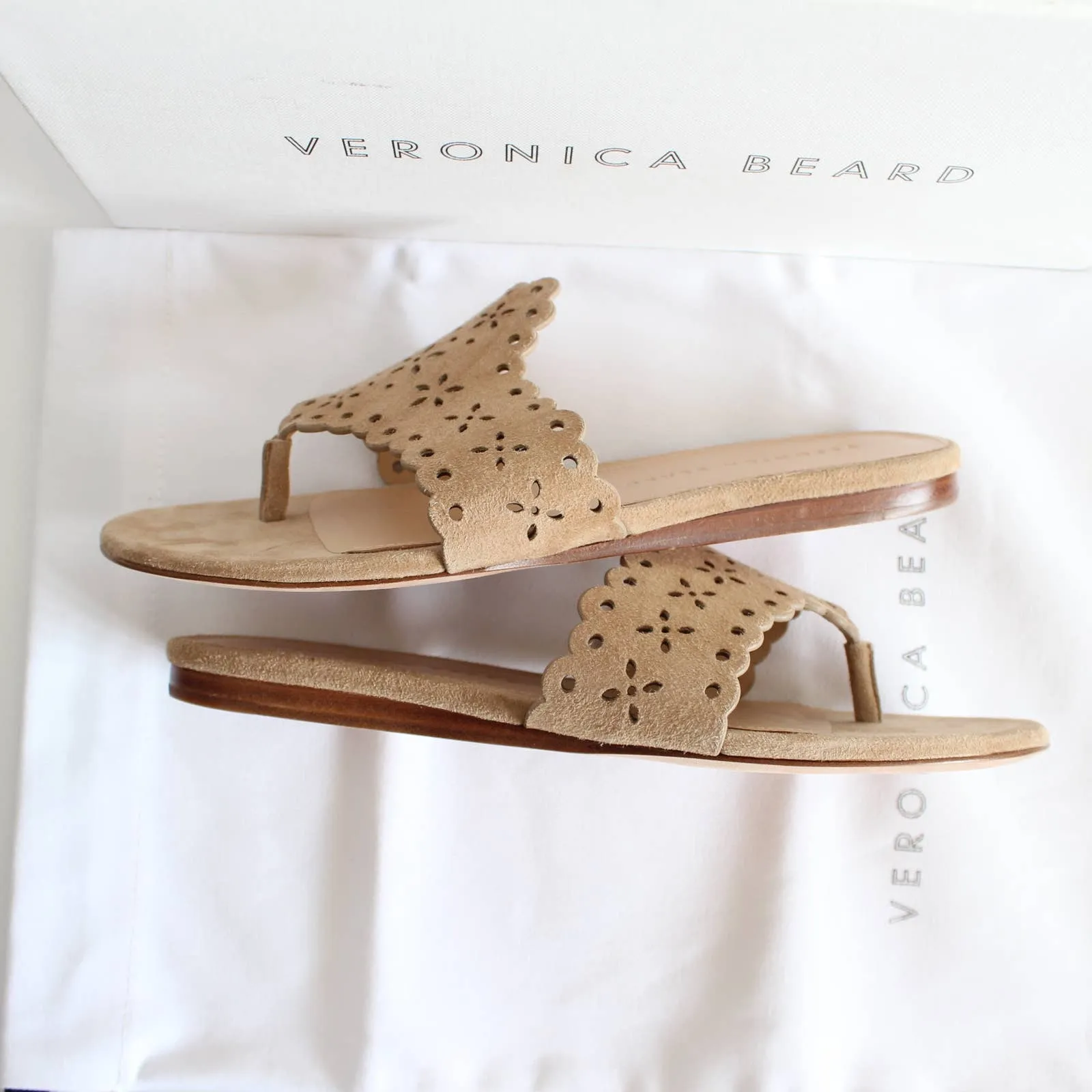 Veronica Beard Sylie Lasercut Eyelet Beige Suede Thong Sandal Flip Flops - Image 5