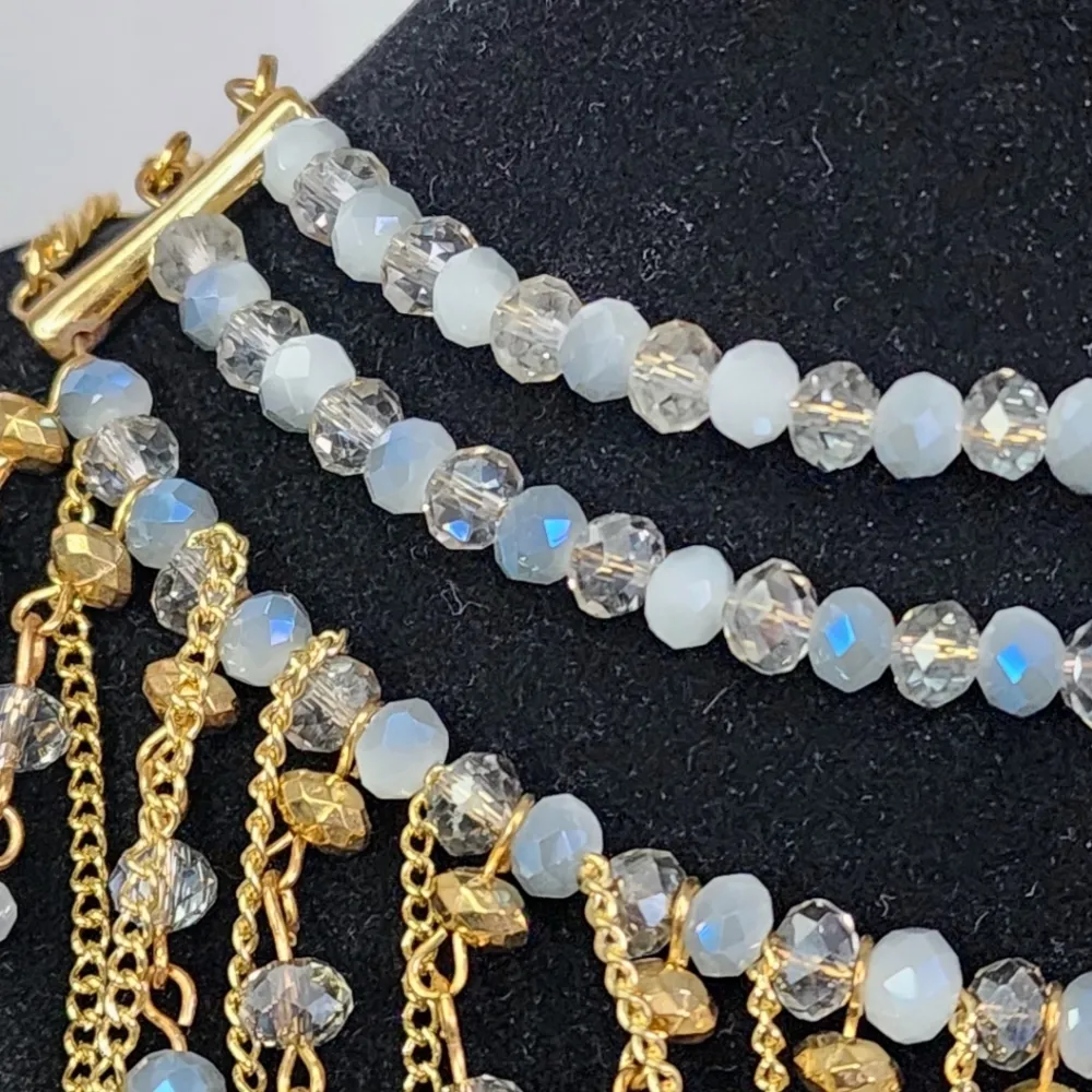 Statement Choker Necklace Earrings Set Cascading Crystal and Chain Waterfall Blue - Image 4