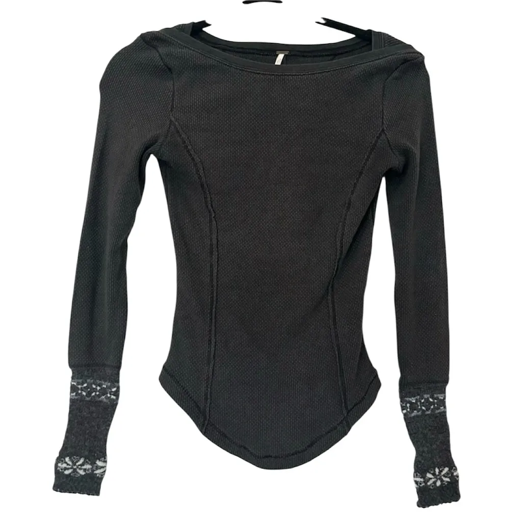 Free People Black Roses Jacquard Cuff Thermal Long Sleeve Top Womens XS - Image 2