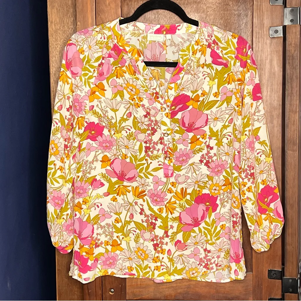 Spartina Cora Silk Floral Blouse Cottagecore Coquette Southern Belle Charm Top S - Image 3