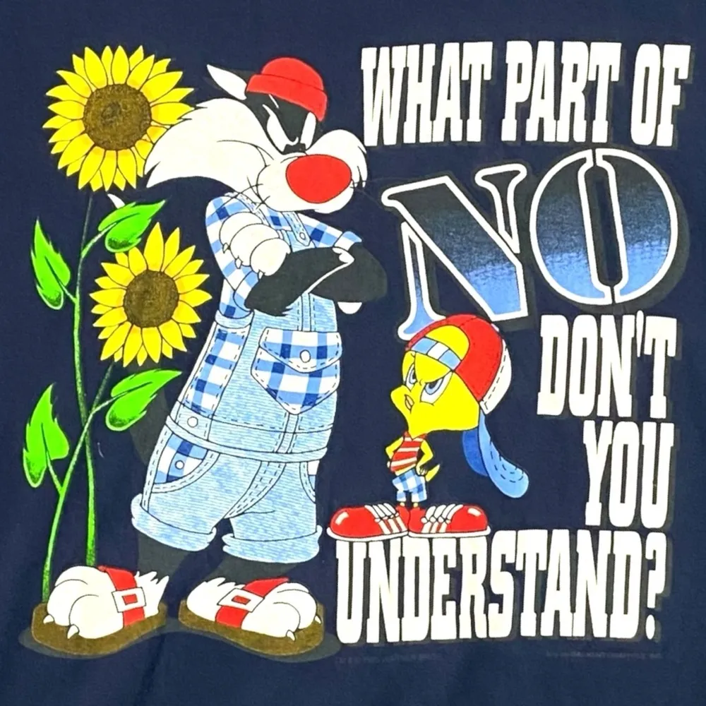 Vintage 90s 1996 Looney Tunes Graphic Tee T Shirt Tweetie Bird Sylvester Large - Image 5