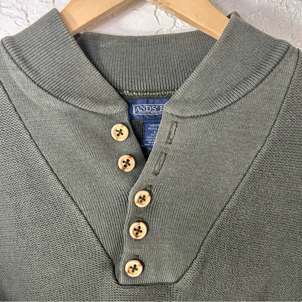 VTG Lands’ End 1/4 Top Button Green Knit Sweater 90’s Y2K Preppy Men’s Size L - Image 2
