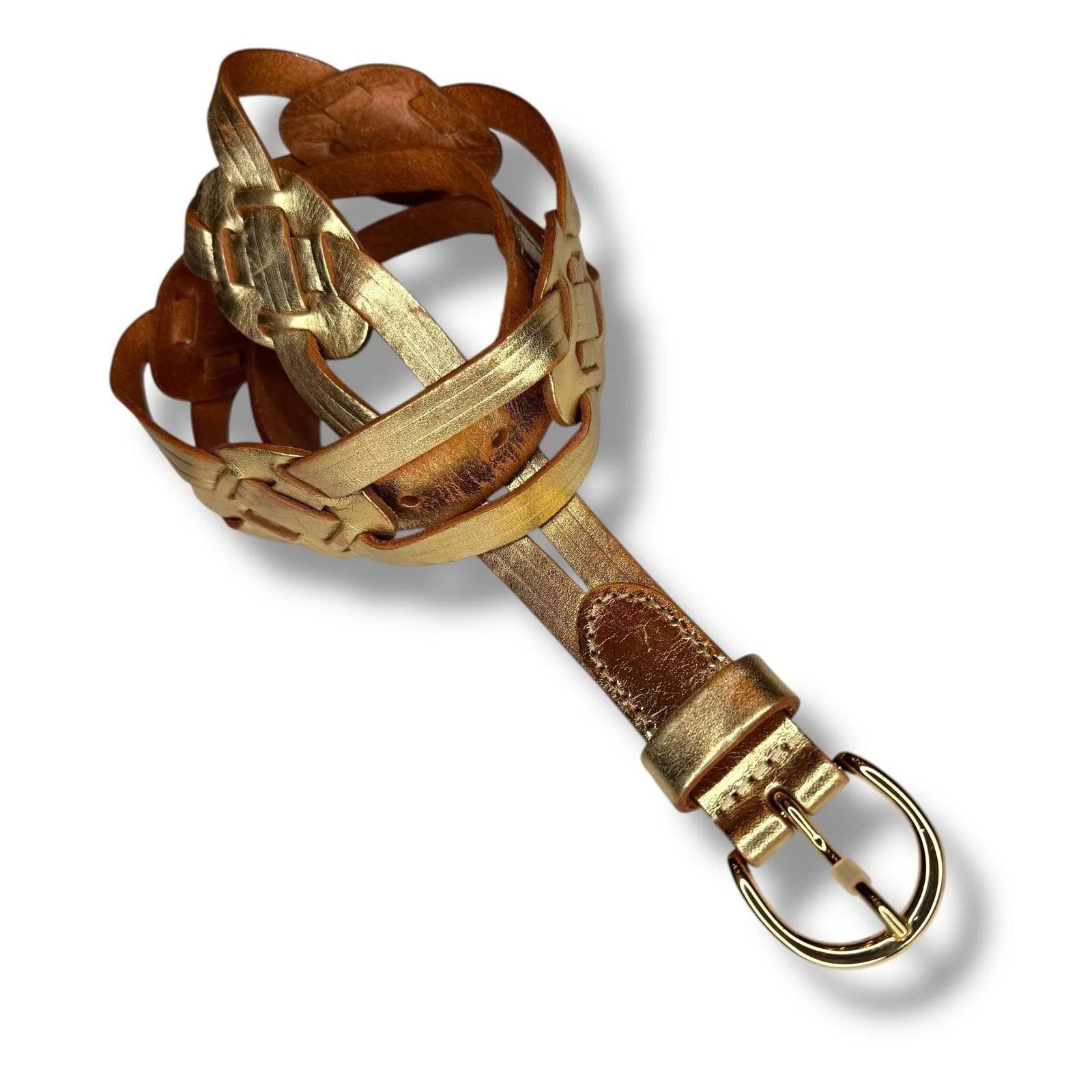 LRL Ralph Lauren Leather Belt Small 1.5" Gold Woven Braided Distressed Vintage - Image 8