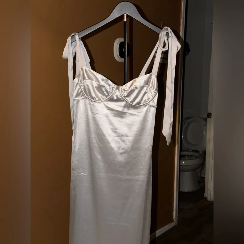 Free People Casino Gone Glam Silver Tie Shoulder Satin Shimmering Midi Size M - Image 2