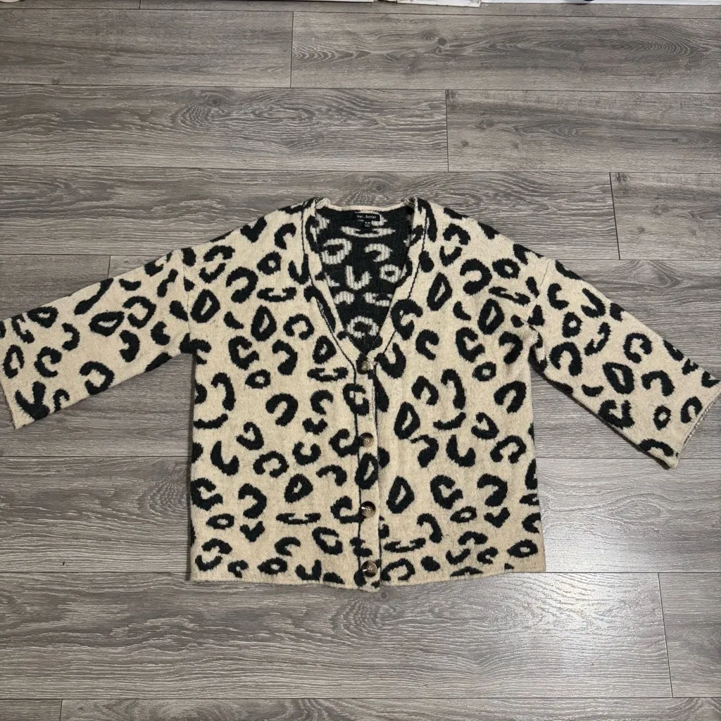 Her Bottari Women Tan Black Leopard Print Cardigan Oversized Long Sweater Sz S/M - Image 8