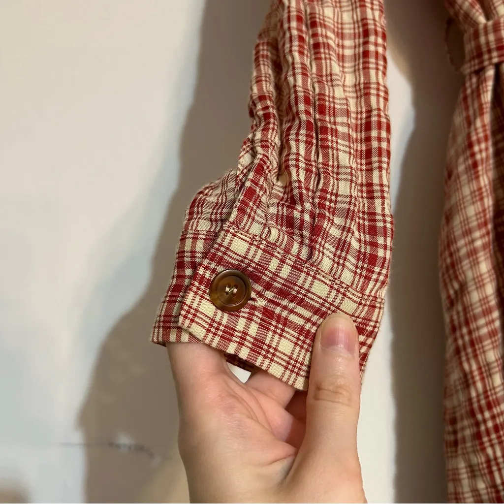Simple Retro Red Plaid Button Front Collared Belted Prairie Cottage Maxi Dress - Image 6