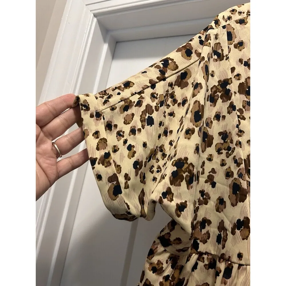 New Entro Brown Tan Leopard V Neck Babydoll Top Size Large Boho Loose Tassels - Image 3