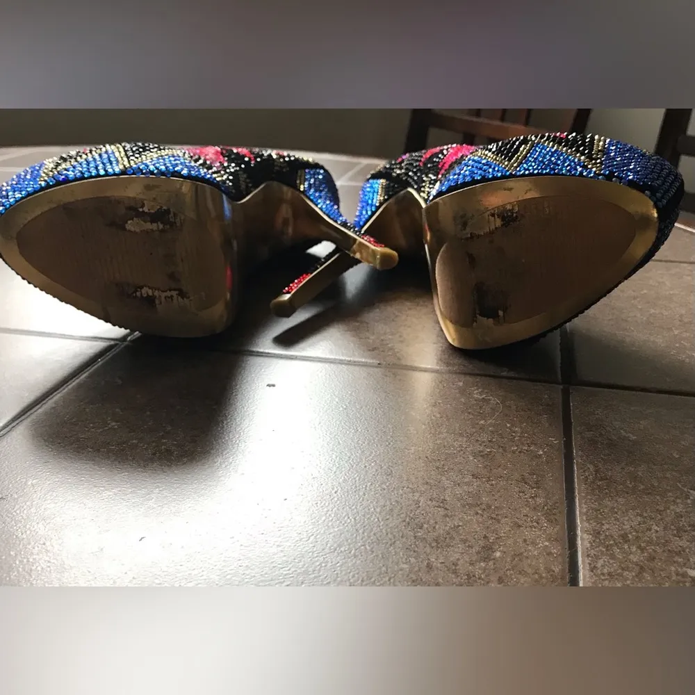 MASCOTTE Linda Platform Beaded 6” Heels Sz. 7 Blue, Pink, Black & Gold - Image 8