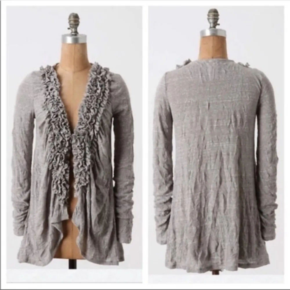 ANTHRO C. KEER SUNRISE SUNSET RUFFLED GRAY CARDIGAN S - Image 2