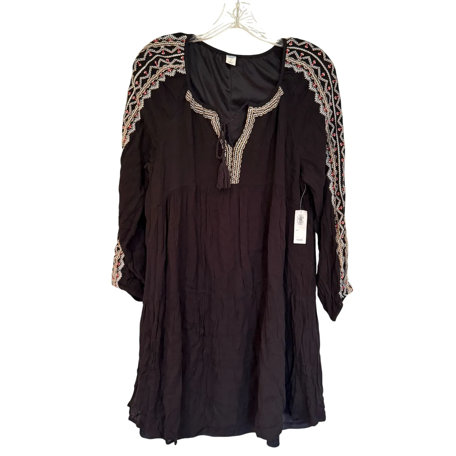 Old Navy Embroidered Gauze Tassel Tie Mini Dress Women's Large Black Boho Hippie - Image 4
