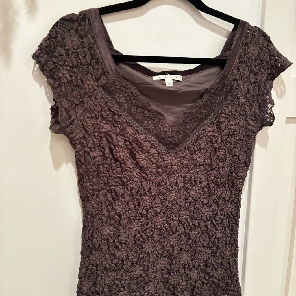 CAbi Euro Chocolate Brown Lace Whimsy Short Sleeve V-neck Lace Trim Top Size L - Image 10