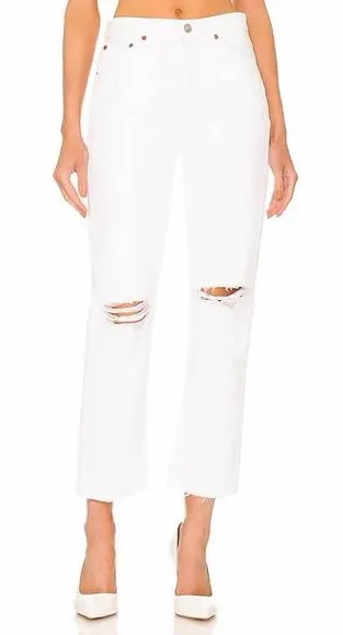 Re/Done 70s Stove Pipe Jean White Rioped Knees Raw Hem Size 29 Rigid Button Fly - Image 1