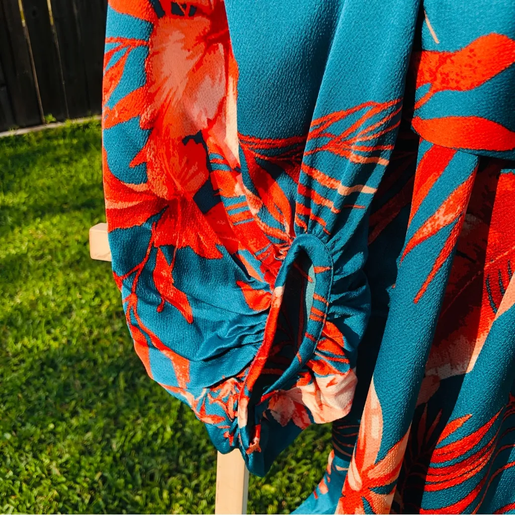 Sweet Lemon TEAL FLORAL SATIN WRAP SHORT DRESS Small Green - Image 7