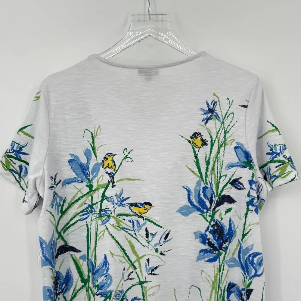 Links blouse size M notched V neck yellow bird novelty print blue white floral Size M - Image 4