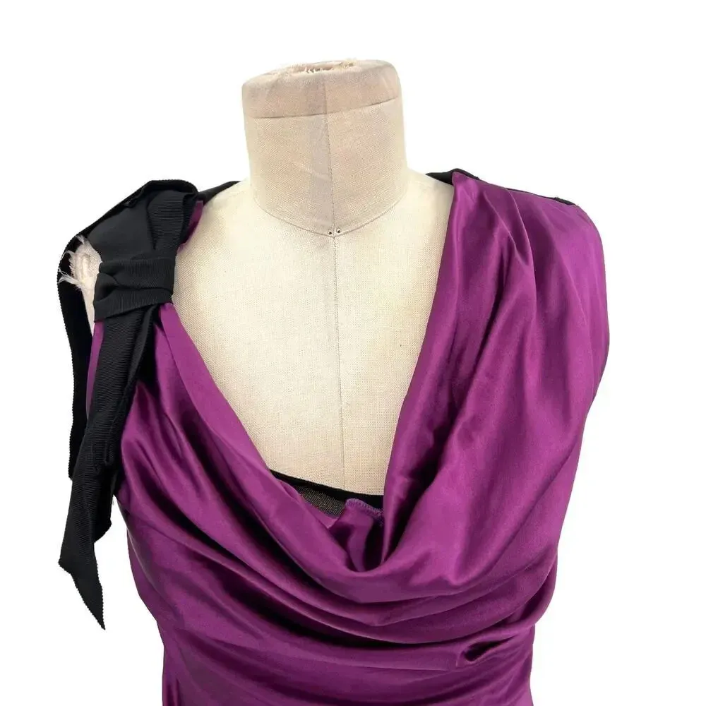 Vera Wang Bodycon Mini Dress Sleeveless Satin Tie Sleeve Draped‎ Purple Size 2 - Image 4