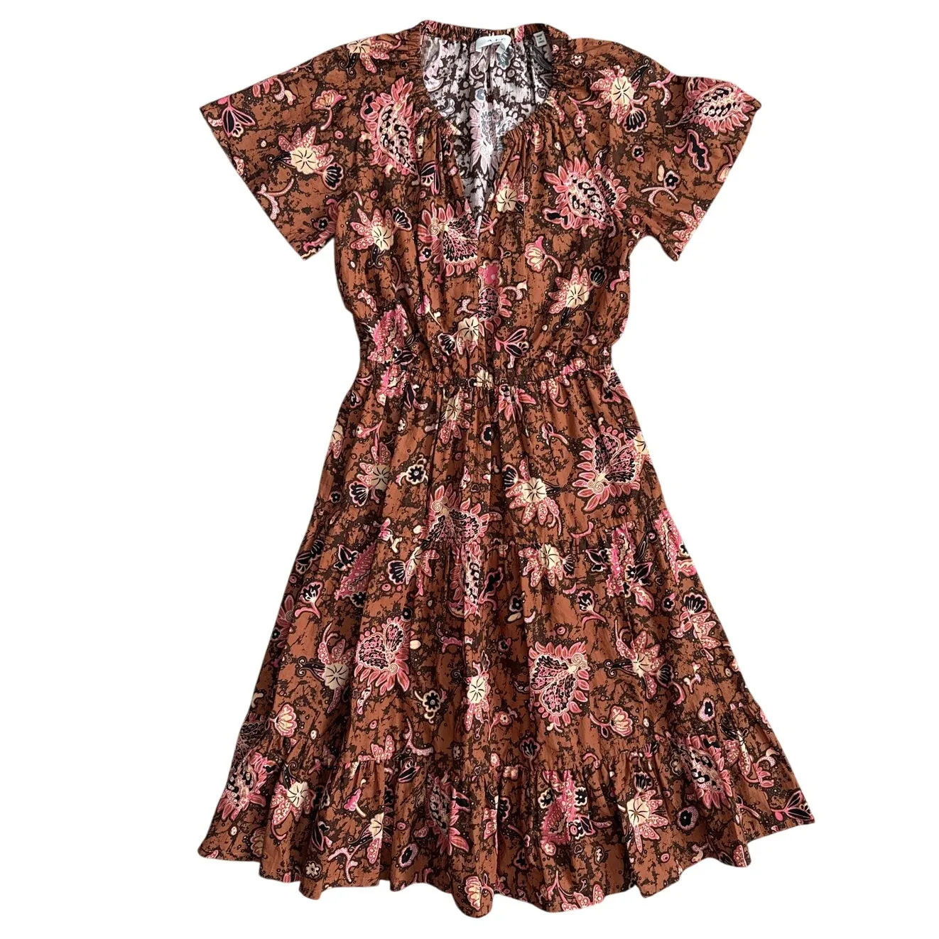 A.L.C. Mischa Boho Poplin Cotton Printed Midi Dress in Cognac & Coral Size 2‎ - Image 5