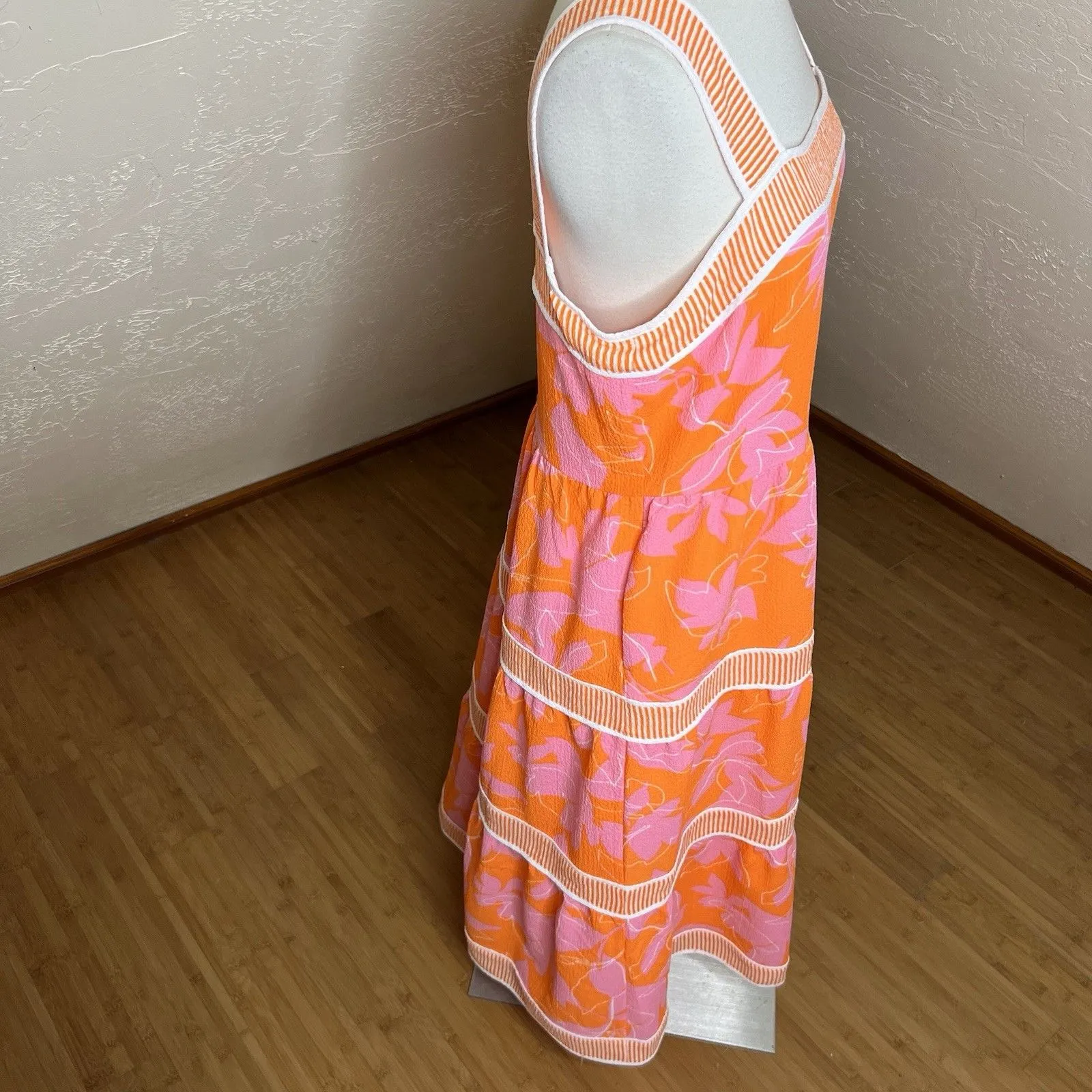 Isaac Mizrahi Live Orange Printed Midi Dress Size 10 Tiered Square Neck - Image 8