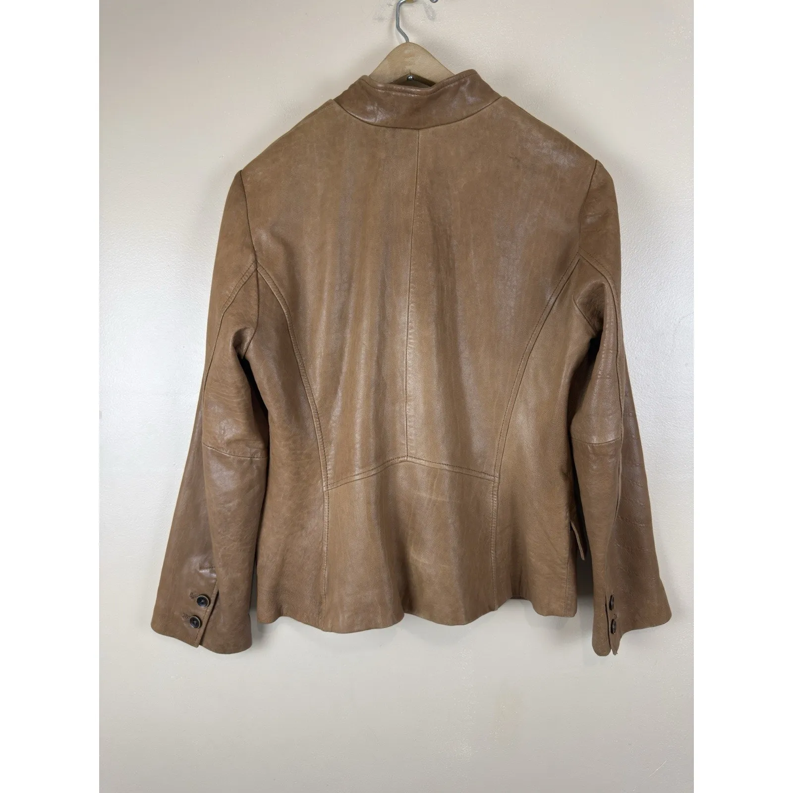 Leather Blazer Jacket with Mao Collar, Front Pockets – Brown Approx. Size M Size M - Image 8