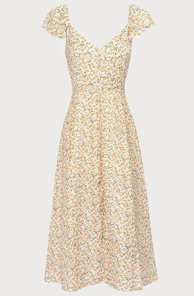 RIHOAS The Yellow V Neck Floral Slit Midi Dress Size L - Image 9
