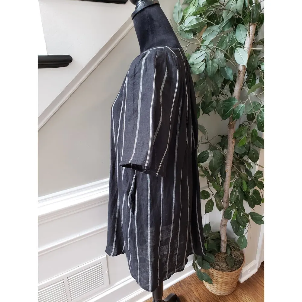 Miou Muse A Line Dress Womens Small Black White Striped Linen Pleated Split Neck - Image 14