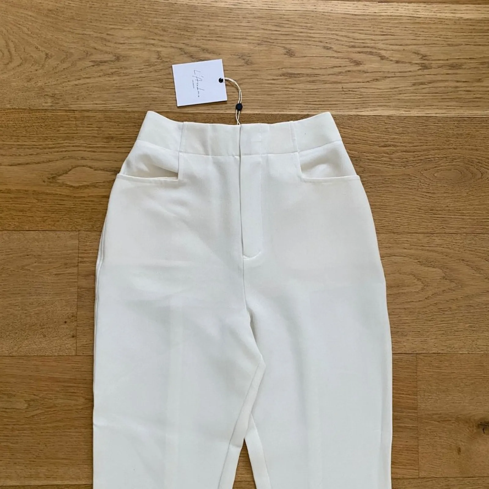 L'Acadamie High Waist Back Ankle Zip Pants in Ivory - Image 2