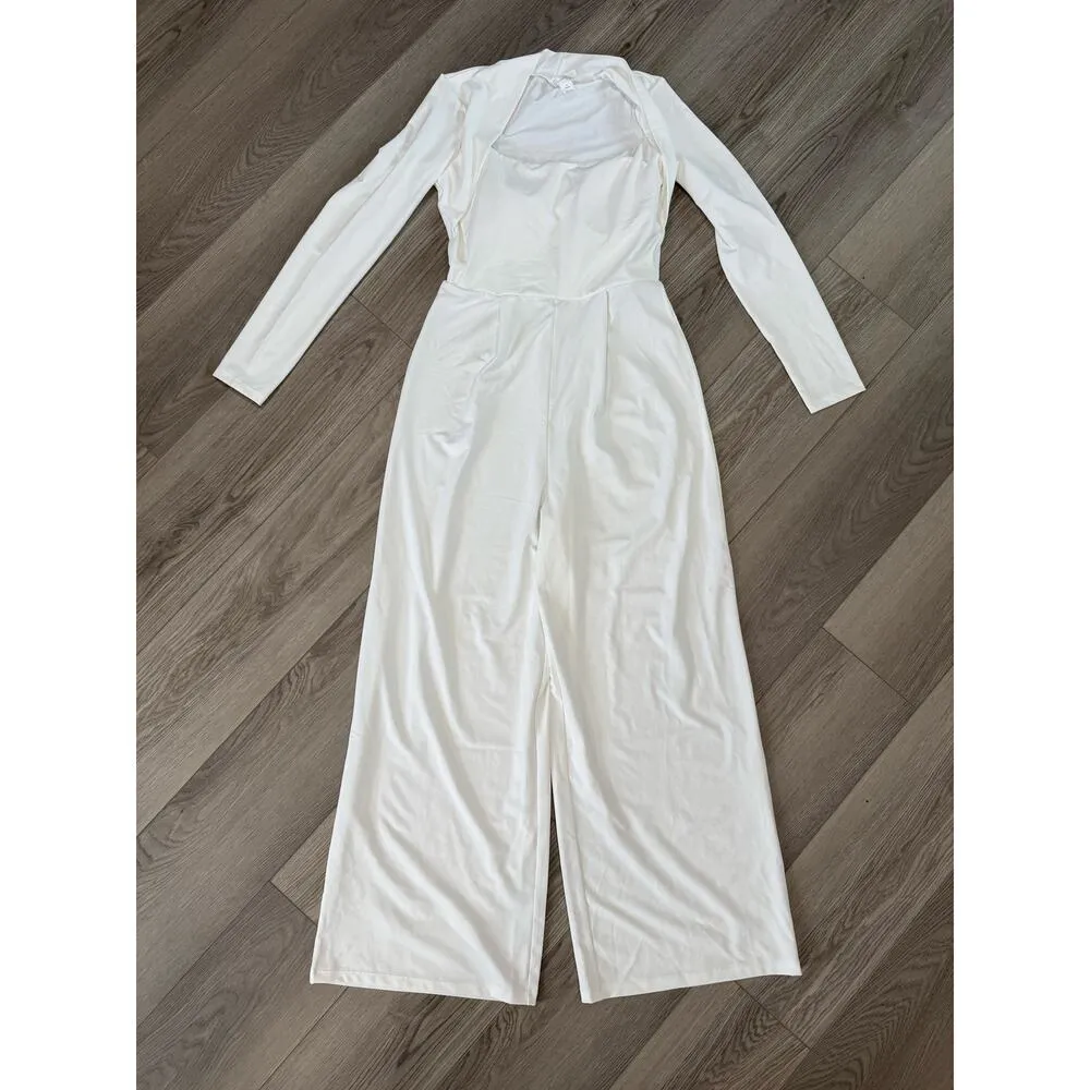 Halara Long Sleeve Wide Leg Jumpsuit Casual White Stretch Bridal Small - Image 2