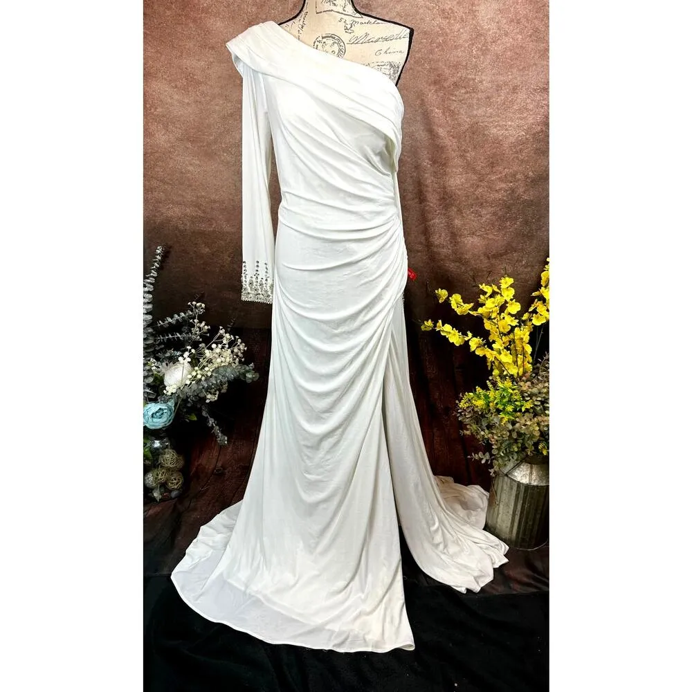 Mac Duggal Beaded Cuff Drop Shoulder Faux Wrap Gown - White - size 14 - Image 4