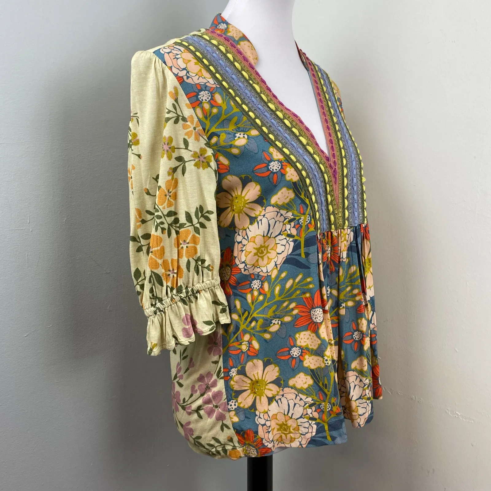 Bl^nk London Anthropologie Stephanie Embroidered Floral Top Small Boho Yellow - Image 5