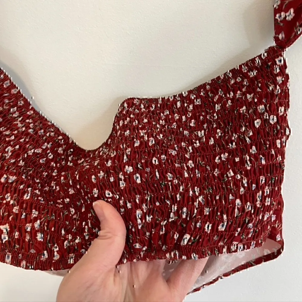 SHEIN? Rust Red White Floral Off the Shoulder Tie Bow Smocked Back Boho Crop Top - Image 11