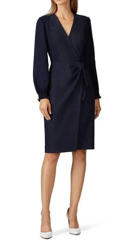 Rebecca Taylor Cross Hatch Wool Blend Wrap Dress Navy Womens Size 6 - Image 2