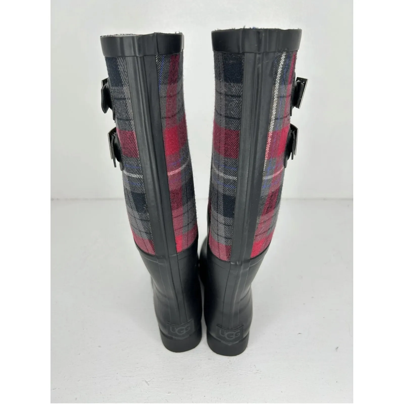 UGG Plaid Rain Boots Women's US 7 Black Red Tall Buckle Waterproof Winter - Image 9