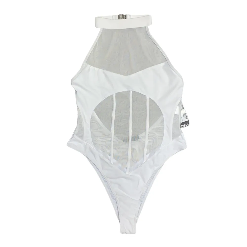 Nasty Gal Swimsuit White High Neck Mesh Panel High Leg One Piece Sexy 8 New - Image 3