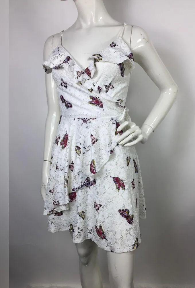 Love, fire Butterfly Print Faux Wrap Lace Mini Dress S - Image 16