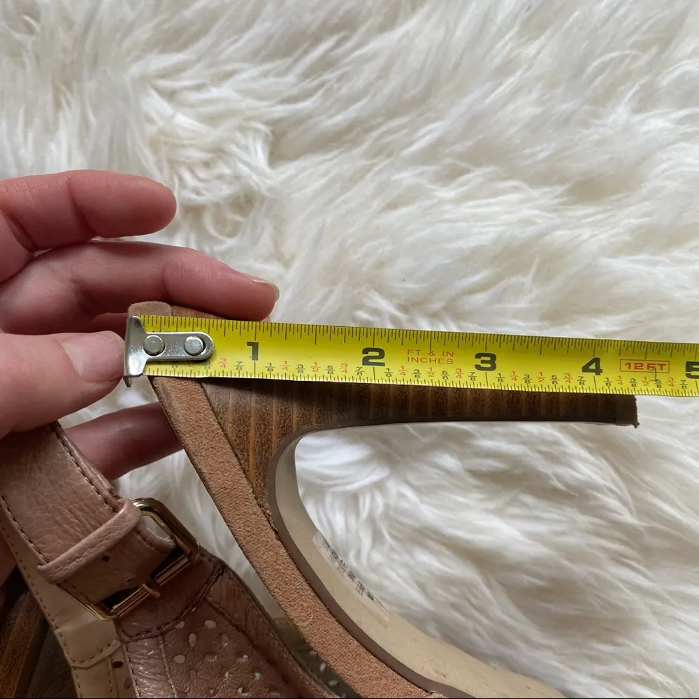 Nine West Leather Stacked Wooden Heel Peep Toe Sandal With Heel Strap and Buckle - Image 6