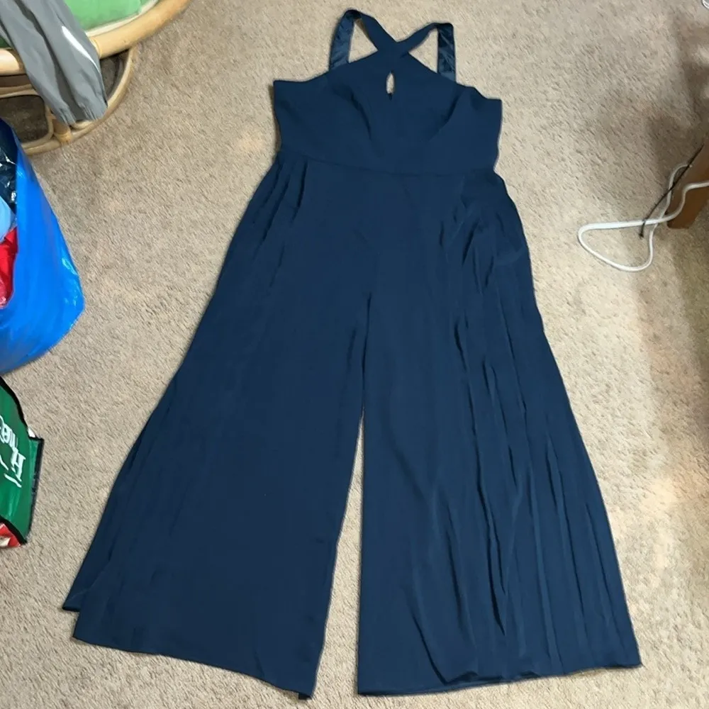 City Chic Harper Jumpsuit Halter Neck Sleeveless Pleated Wide Flare Leg Navy 18 - Image 3