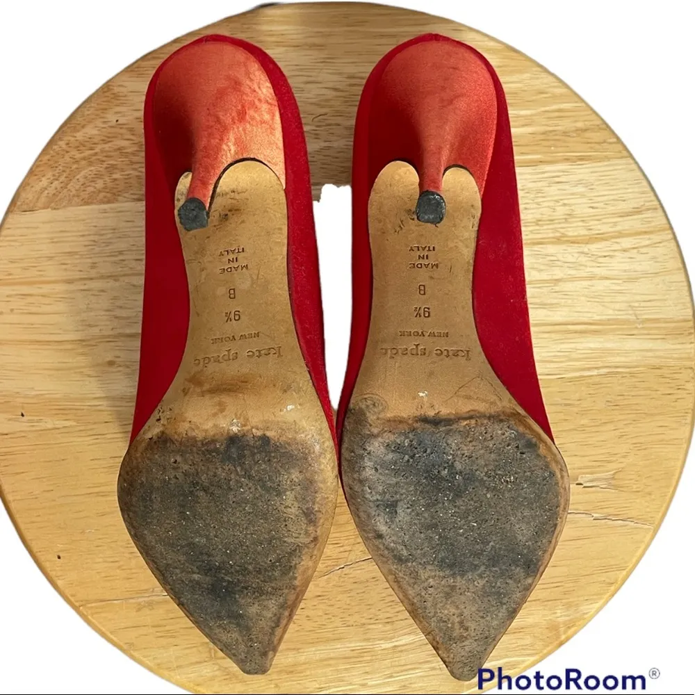 Kate Spade Red/Orange Satin Pointed Heels With Rosette Front Size 9.5 - Image 4