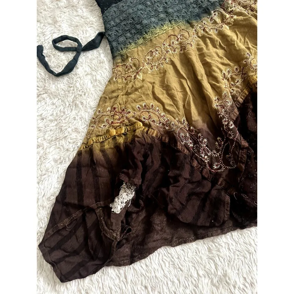 Fairy Fairycore Embroidered Handkerchief Smocked Bodice Halter Dress Mini Vneck Green Size undefined - Image 7