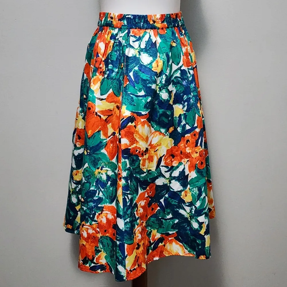 Duo Olowu Green Orange Floral Pull On Full Circle Skirt Size Medium - Image 6