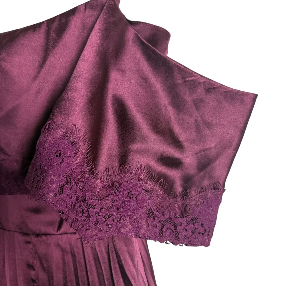 ASOS Plum Burgundy Satin Lace Trim Pleated Cold Shoulder Maxi Dress Size 4 - Image 6