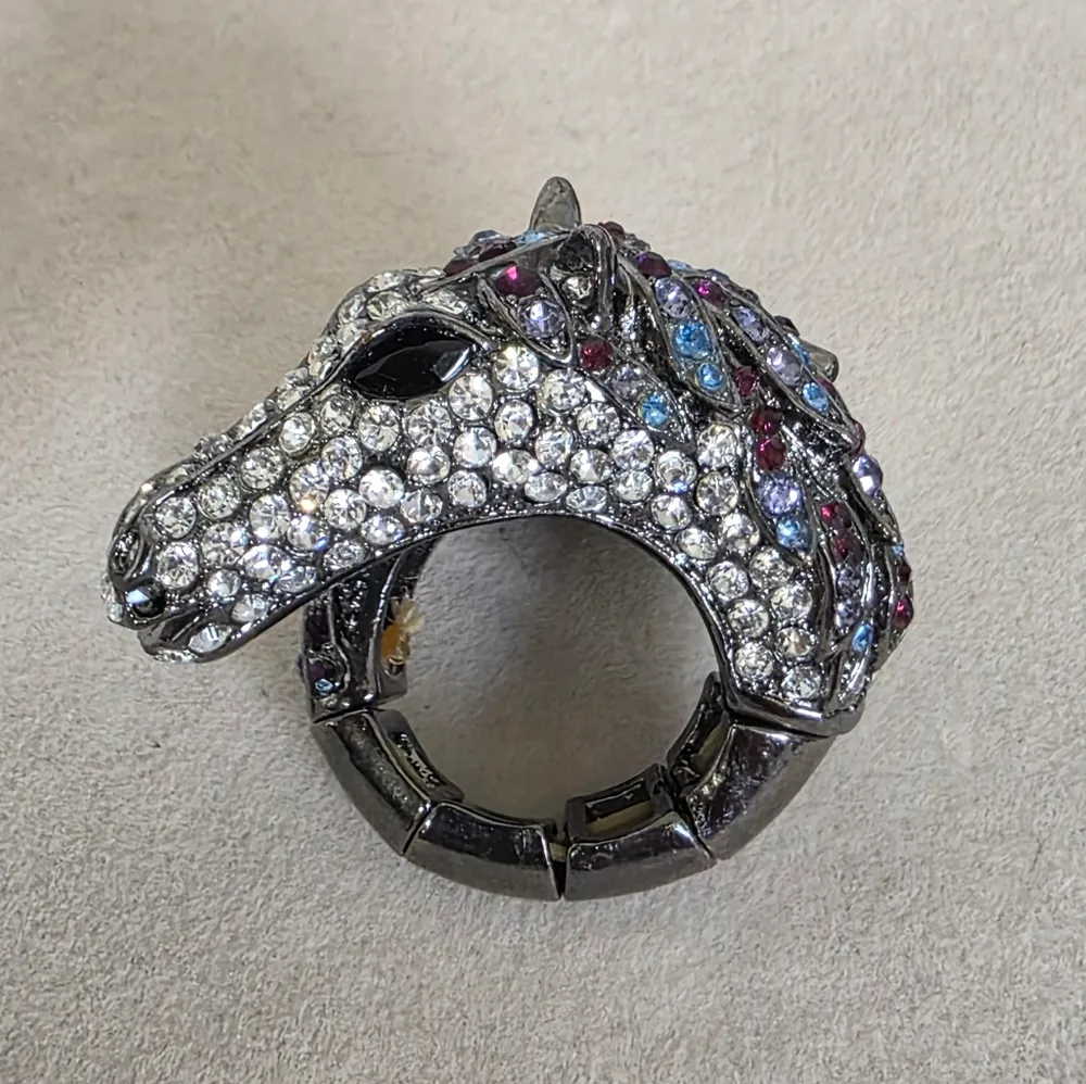 Statement Gunmetal Silver with Crystal Stones Horse Ring Blue - Image 5