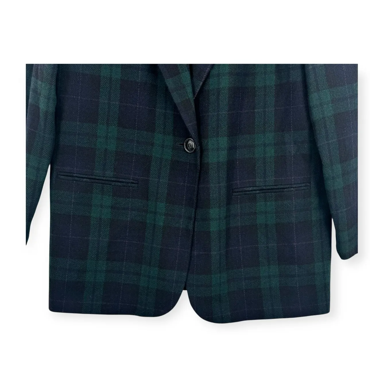 Vintage Sag Harbor blazer women's 12 wool blend tartan plaid velvet green black - Image 3