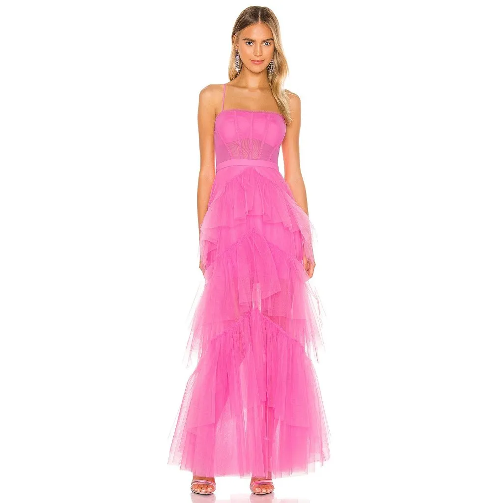 NWT BCBG MaxAzria Oly Corset Gown in Flamingo Pink Tiered Ruffle Tulle Dress 2 - Image 2