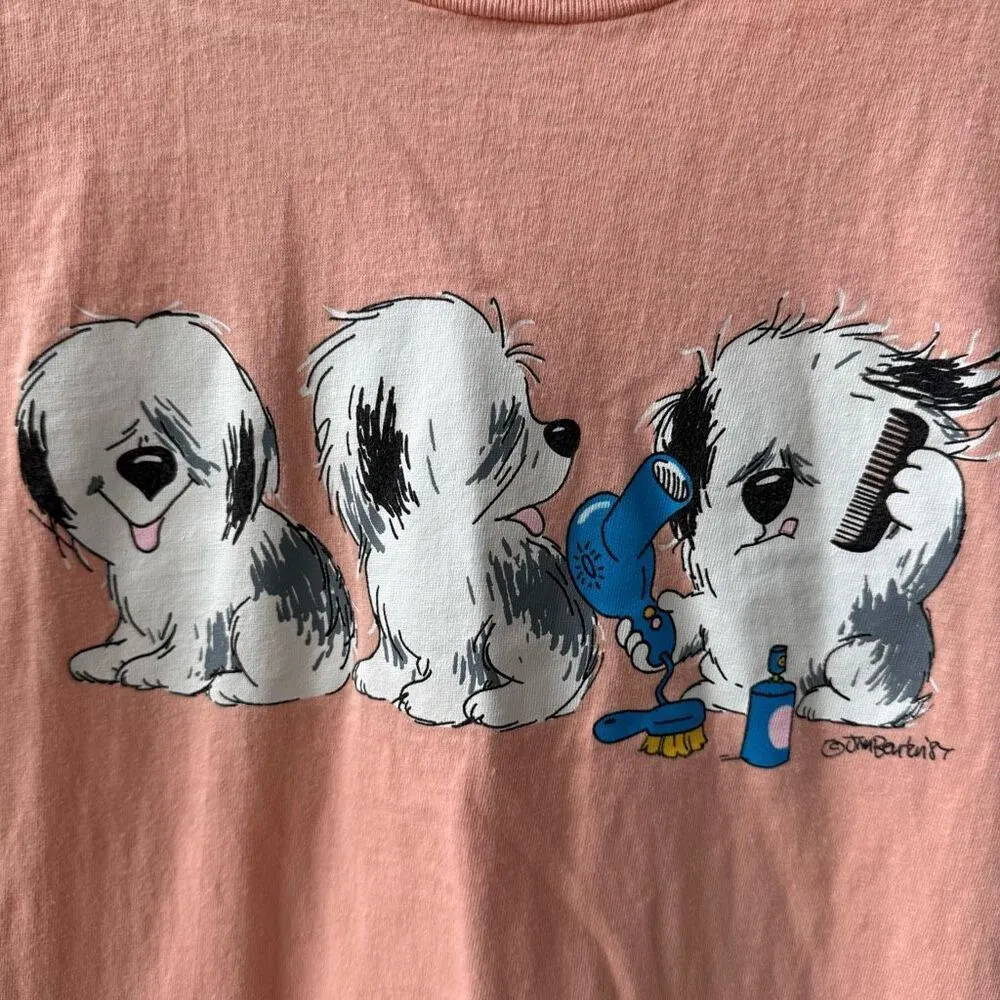 Vintage 80s Jim Benton Sheep Dog Puppy Cartoon Single Stitch Tshirt M Orange Size M - Image 3