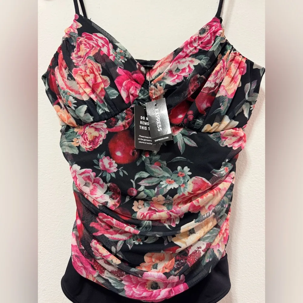 NWT Express Body Contour Floral Mesh Cami Thong Bodysuit With Removable Cups - Image 3