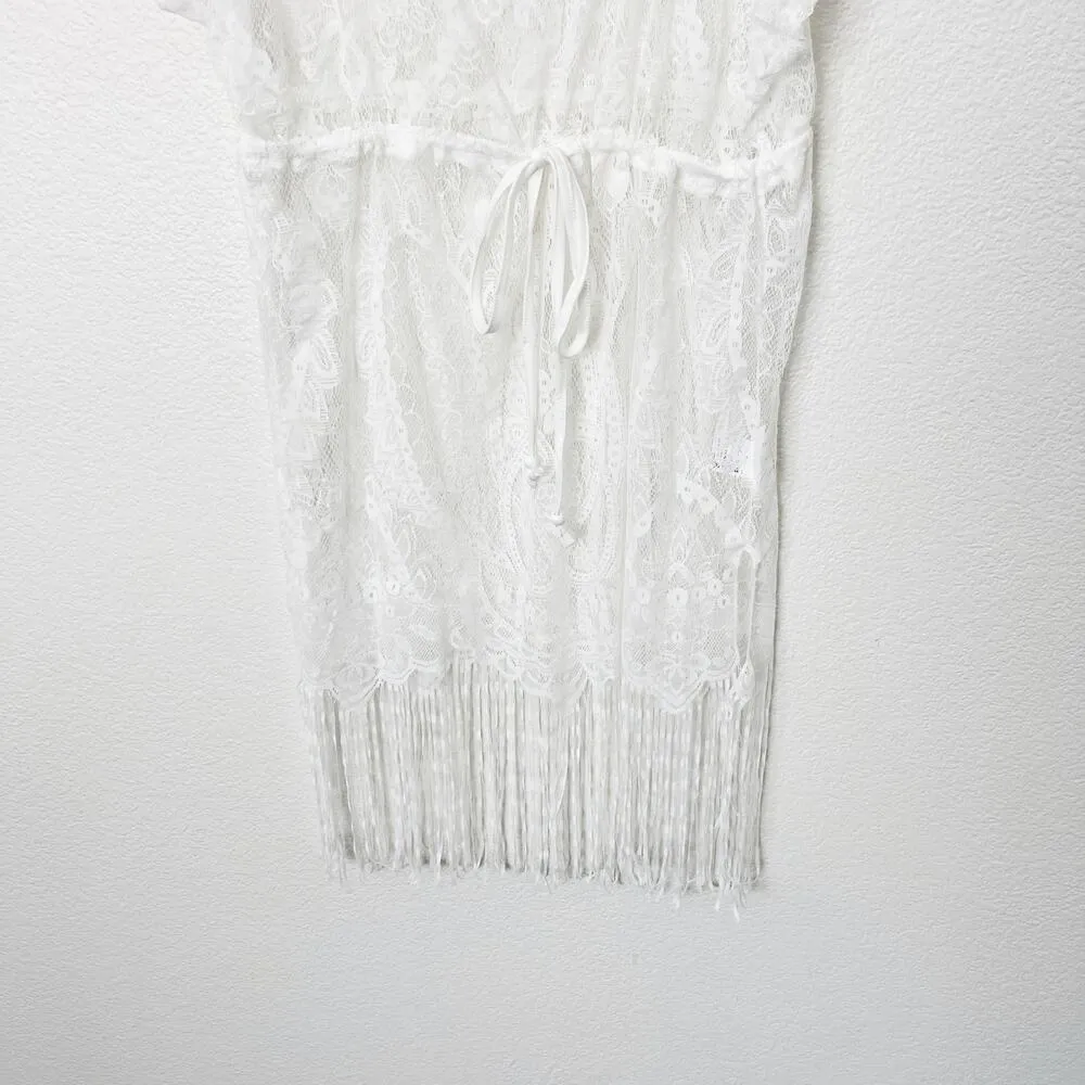 [Costyleen] White Fringe Hem Scoop Neck Sheer Beach Swim Coverup NWT Sz Medium M - Image 9