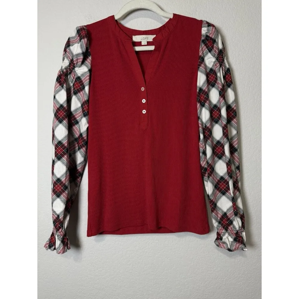 LOFT Women’s Ribbed Henley Red Plaid Mixed Media Puff‎ Shirred Ruffle Sleeves S - Image 12