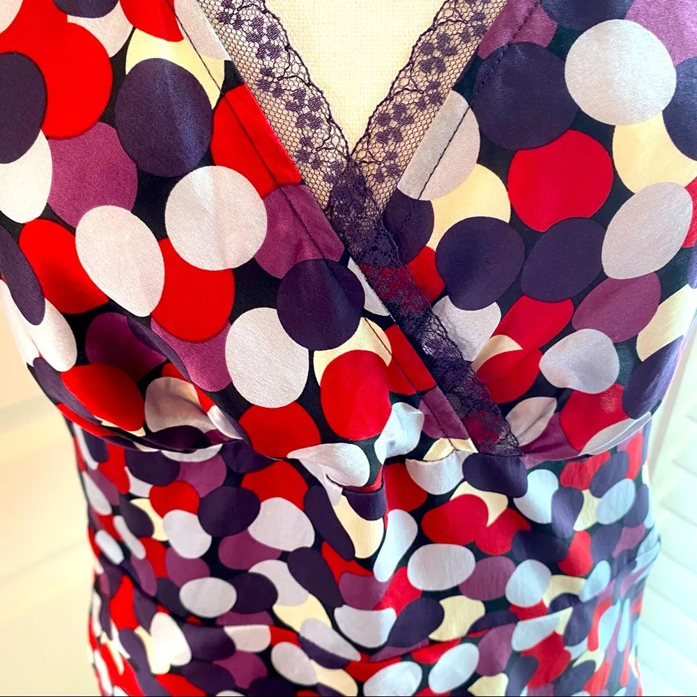 Kenneth Cole|| Multi color polka dot print silk blouse with lace trim/back slit - Image 3
